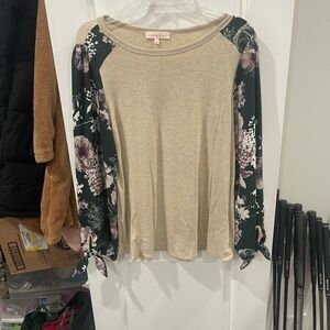 Chelsea & Violet Cream Raglan Top with Dark Green Floral Sleeves and Tie Cuffs
